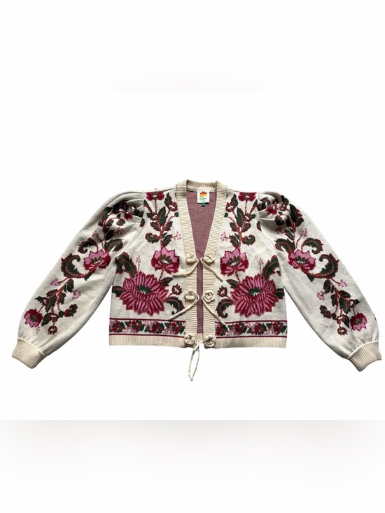 FARM Rio Sweaters - FARM Rio Ravenala Floral Intarsia Knitted Cardigan Medium Cream Puff Sleeve